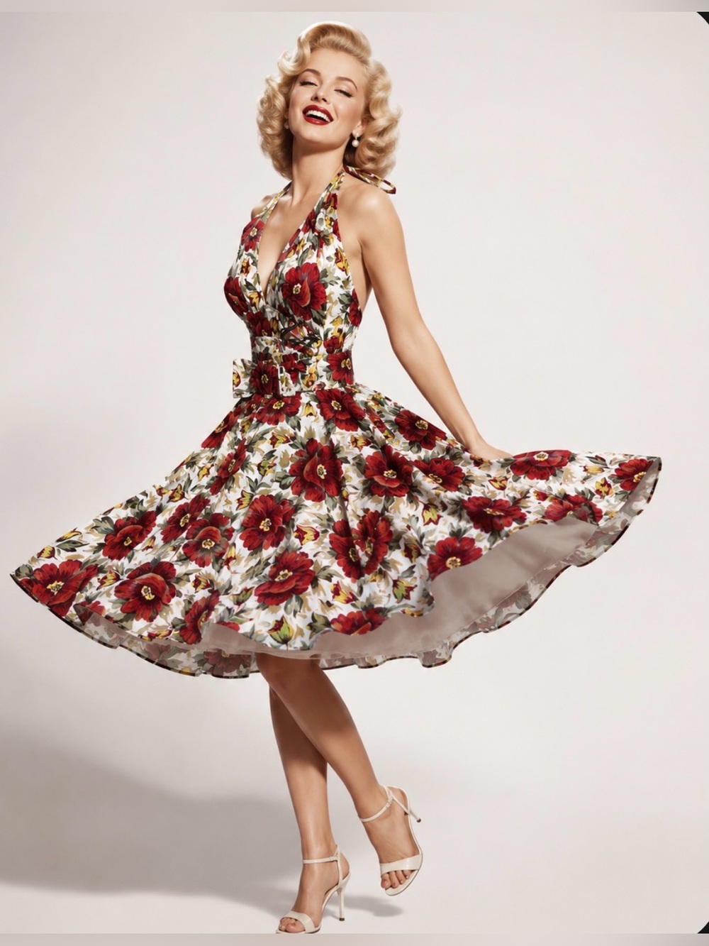 VTG 60’s Floral Belted Halted Swing Marylin Monroe Style Dress Red & Yellow 7/8